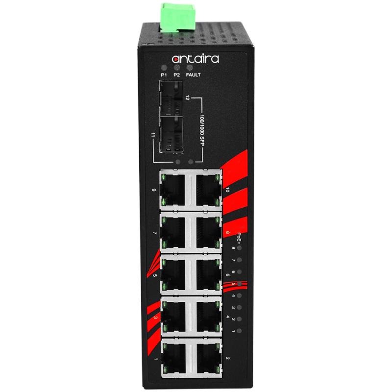 12-Port POE+ Industrial Gigabit Switch, 2xSFP, -10-70C